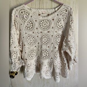 Vintage Solitaire XL Crocheted Knit Top Beige Circles Poplin Short Bubble Sleeve